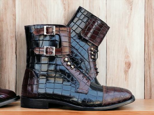 Awesome Handmade Men's Black Brown Alligator Textured Leather Buckles and Lace Up Boots, Men Ankle High Boots - Premium Boots from Crafted Step - Just $159.99! Shop now at Crafted Step