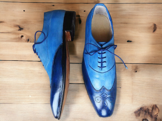 Experience superior craftsmanship and style with our Awesome Handmade Men's 2 Tone Blue Leather Wing Tip Brogue Lace Up Shoes. Made from premium leather, these dress formal shoes are perfect for any occasion. Elevate your style game and add a touch of sophistication to your wardrobe with these handcrafted shoes