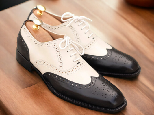 Awesome Handmade Men's Black Beige Leather Wingtip Brogue Lace Up Formal Designer Shoes - Premium Oxford Shoes from My Store - Just $149.99! Shop now at Crafted Step