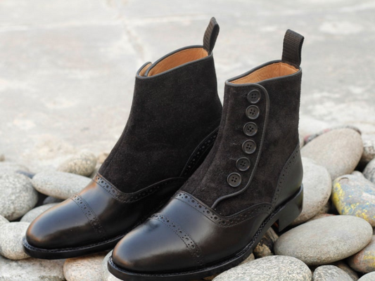 Awesome Handmade Men's Black Leather & Suede Cap Toe Button Boots, Men Ankle High Boots - Premium Wing Tip Boots from Crafted Step - Just $159.99! Shop now at Crafted Step