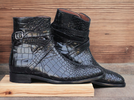 Awesome Handmade Men's Black Alligator Textured Leather Jodhpur Boots, Men Ankle High Boots - Premium Boots from Crafted Step - Just $159.99! Shop now at Crafted Step
