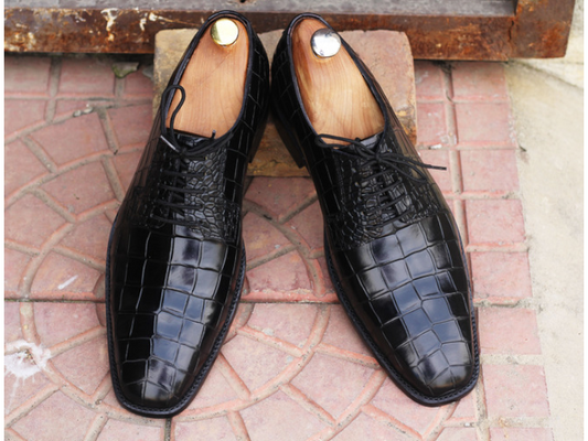 Awesome Handmade Men's Black Alligator Textured Leather Lace Up Shoes, Men Dress Formal Shoes - Premium Shoes from My Store - Just $149.99! Shop now at Crafted Step