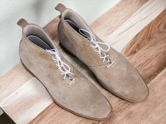 Awesome Handmade Men's Beige Suede Lace up Boots, Men Ankle High Boots, Men designer Boots - Premium Chelsea Boots from Crafted Step - Just $159.99! Shop now at Crafted Step