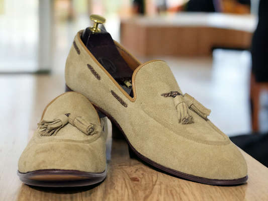Awesome Handmade Men's Beige Suede Tussle Loafer Shoes, Men Dress Formal Shoes - Premium Shoes from My Store - Just $149.99! Shop now at Crafted Step