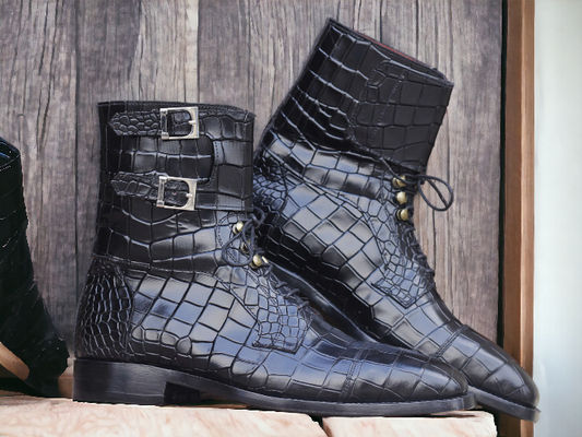 Awesome Handmade Men's Black Alligator Textured Leather Buckles and Lace Up Boots, Men Ankle High Boots, Men Lace Up Boots - Premium Boots from Crafted Step - Just $159.99! Shop now at Crafted Step