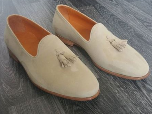 Awesome Handmade Men's Beige Suede Tussle Loafer Slip On Shoes - Premium Shoes from My Store - Just $149.99! Shop now at Crafted Step