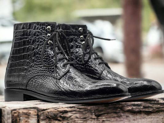 Awesome Handmade Men's Black Alligator Textured Leather Lace Up Boots, Men Ankle High Boots, Men Lace Up Boots - Premium Boots from Crafted Step - Just $159.99! Shop now at Crafted Step